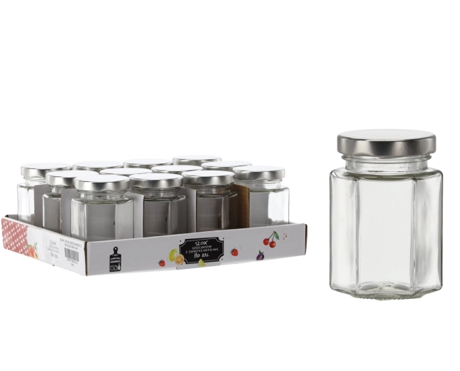 Hatszögletű üveg 110 ml fém fedéllel (12 db-os csomag)