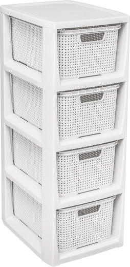 Rattan tároló polc 4 fiókkal, fehér