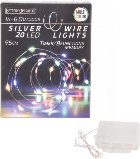 LED fényfüzér drótra időzítővel, 20 LED, színes, beltérre/kültérre