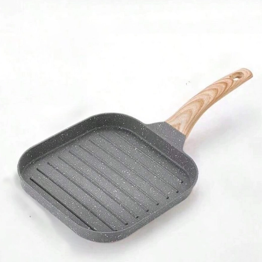 Négyzet alakú grillserpenyő tapadásmentes felülettel és fa hatású nyéllel