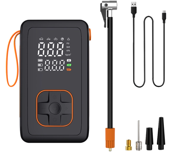 Hordozható akkumulátoros légkompresszor és powerbank 7,4 V autóhoz, kerékpárhoz és labdákhoz