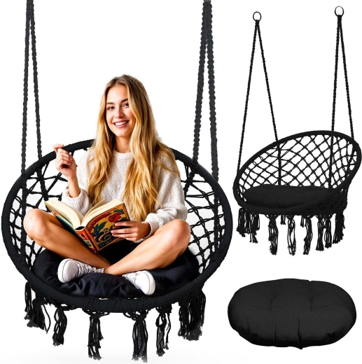 Függő boho fotel fekete párnával