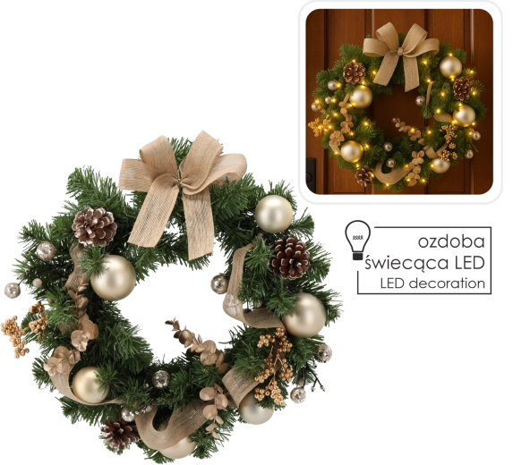 Karácsonyi koszorú 15 LED-del, 40 cm, arany