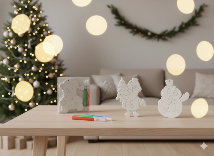 Kiszínezhető karácsonyi díszek készlete 4 filccel – hóember, mackó és Mikulás