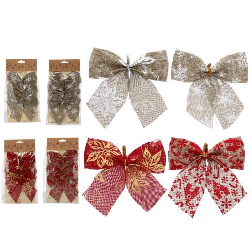 Karácsonyi masnik 12 cm, piros és natúr, 3 db-os készlet