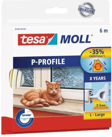 P profilú ablakös és ajtótömítís 9 × 5,5 mm, fehér, 6 m