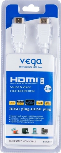 Vega HDMI kábel 3D, aranyozott csatlakozók, 2 m, fehér