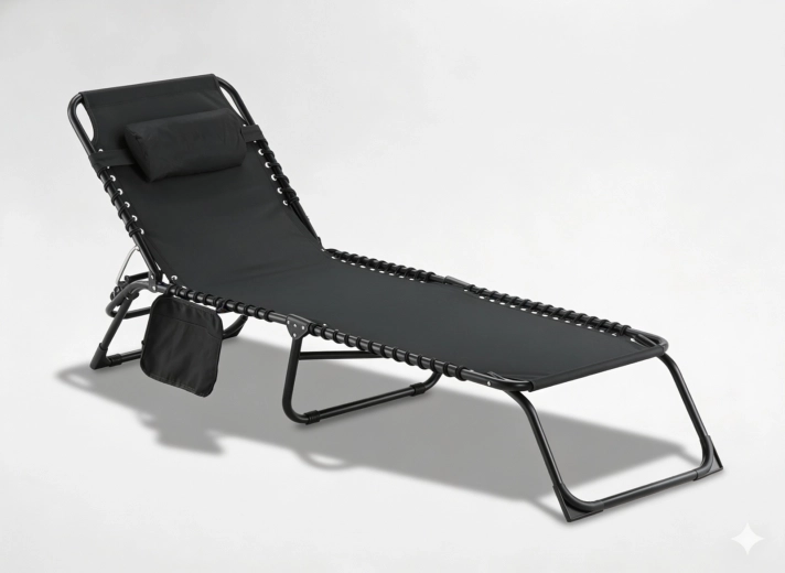 Összecsukható kerti napozóágy zsebbel, fekete 190 × 58 × 30 cm