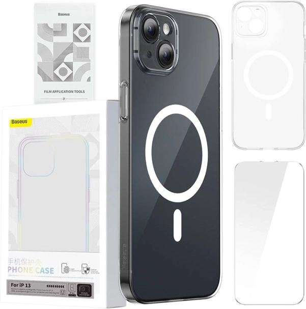 Baseus Magnetic Crystal Clear tok iPhone 13-hoz edzett üvegfóliával és tisztítókészlettel