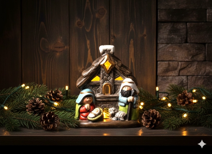 Karácsonyi betlehem házikó LED háttérvilágítással 10 × 6,6 × 12 cm