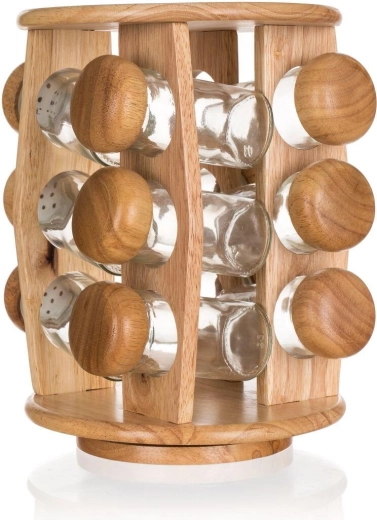 BRILLANTE fűszertartó készlet üvegből és gumifa fából forgó állvánnyal, 12 db