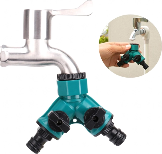 Y alakú csapelosztó, 2-utas, 1/2" és 3/4" kerti tömlőkhöz elzáró szelepekkel