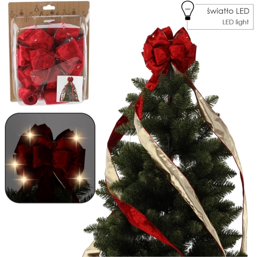 Piros bársony karácsonyi masni LED világítással a fa csúcsára, 1,8 m