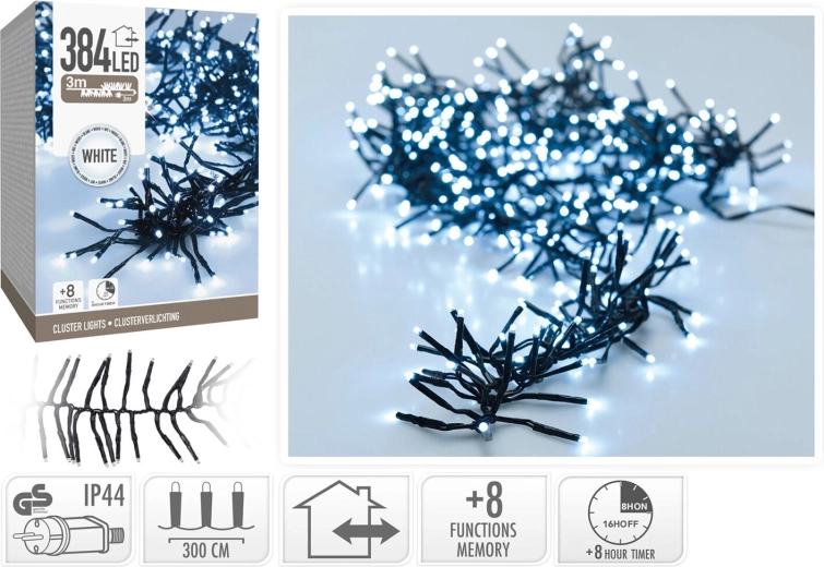 Karácsonyi LED fényfüzér 3 m, hideg fehér, 384 LED, 8 üzemmód időzítővel