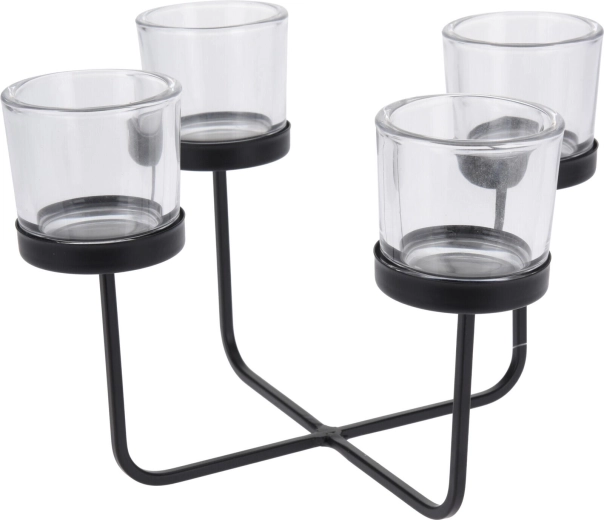 Négyrészes gyertyatartó fémből és üvegből, fekete