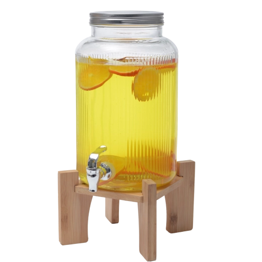 Üveg italadagoló 5,5 l fa állvánnyal és ezüstszínű tetővel