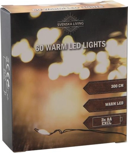 Fényfüzér 60 LED meleg fehér fény 3 m fekete, elemes