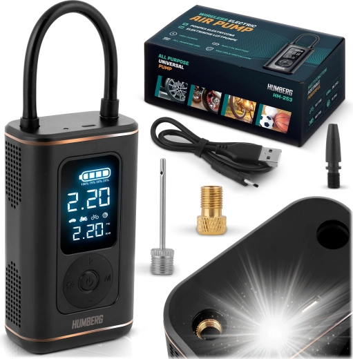 Vezeték nélküli mini kompresszor HUMBERG digitális manométerrel és LED fénnyel