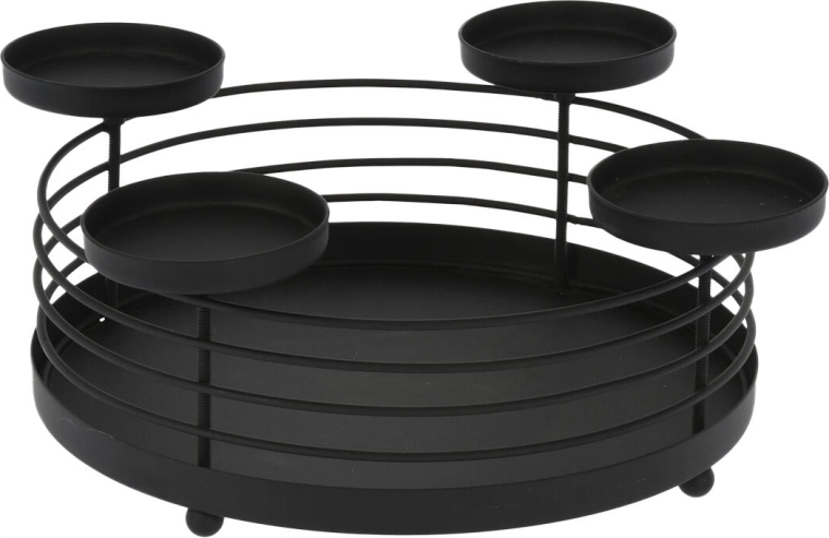 Kerek fém gyertyatartó 4 gyertyához, fekete, 32 cm átmérő