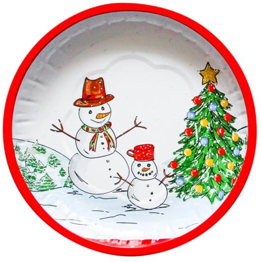 Karácsonyi kerek bádog tálca Hóember 26 cm