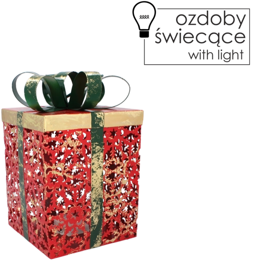 Karácsonyi fém ajándékdoboz LED világítással, piros zöld masnival, 16 × 16 × 26 cm
