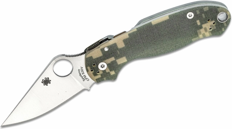 Taktikai zsebkés Spyderco Para 3 Camo 7,5 cm, szatin felület, G10