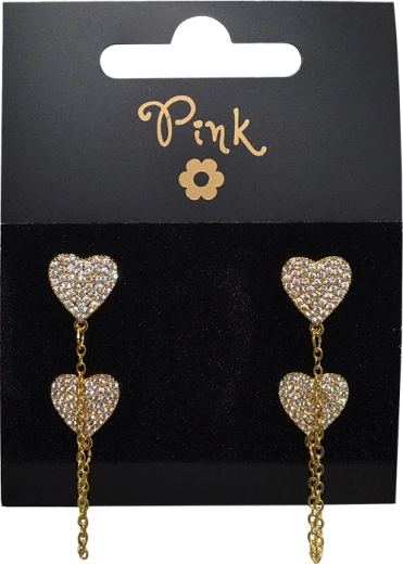 Aranyozott lógó fülbevaló dupla szív motívummal és cirkóniákkal