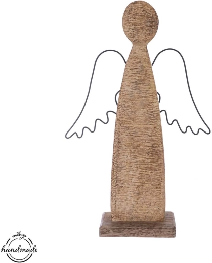 Mangófából készült angyal dekoráció fém szárnyakkal, 31 cm