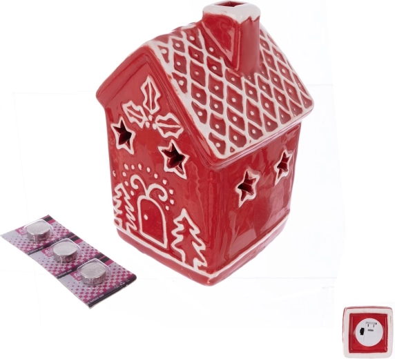 Kerámia karácsonyi házikó LED világítással, piros, 12 cm
