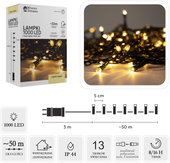 LED fényfüzér 1000 LED-del, meleg fehér, 50 m