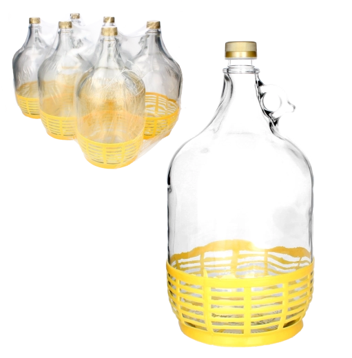 5 l-es üvegballon füllel és műanyag kosárral