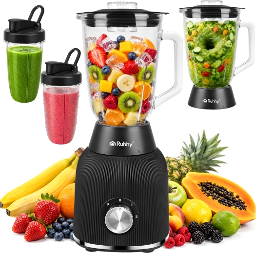 Ruhhy 1200 W-os asztali üveg turmixgép jégzúzással és 2 hordozható palackkal