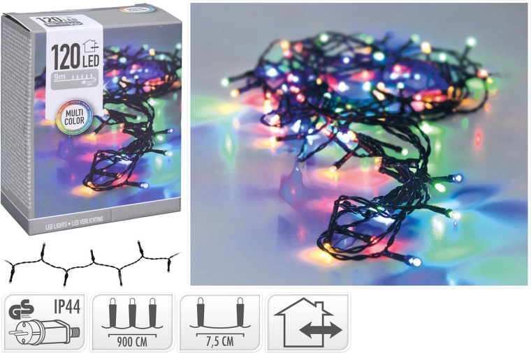 Karácsonyi LED fényfüzér 9 m, 120 LED, színes, IP44