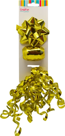 Fémes arany ajándékszett – 9 cm-es masni, 10 m szalag, 6 mm-es masnicska (3 db)