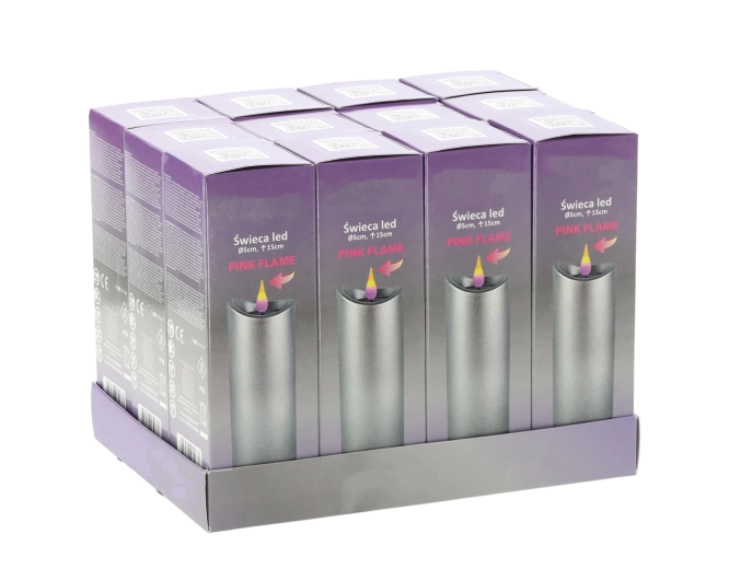 LED gyertya 5 × 15 cm ezüst felülettel és rózsaszín lánggal