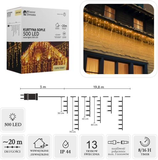 LED-es fényfüggöny jégcsapokkal, 500 LED, meleg fehér, 20 m