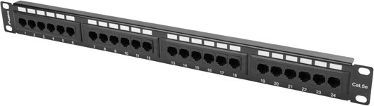 Patch panel 24 port 1U Cat 5e fekete