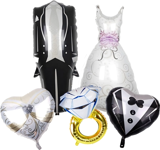 Esküvői lufik – ruha, szmoking, szívek és eljegyzési gyűrű, 5 db
