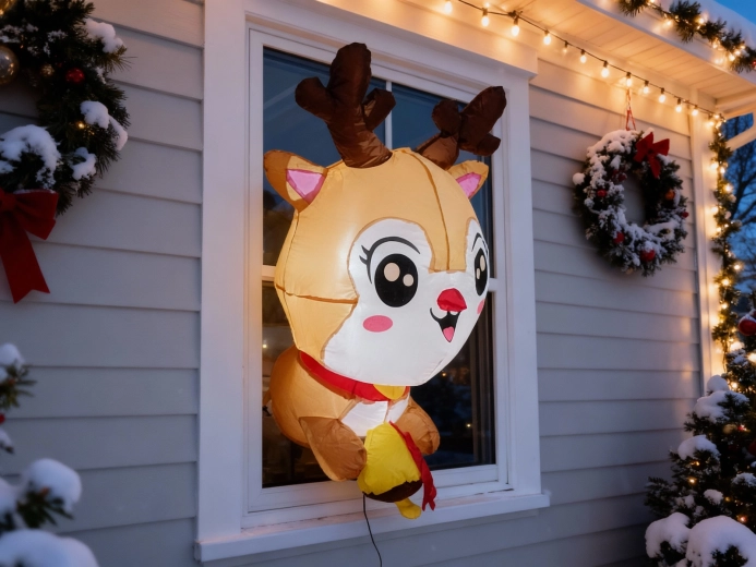 Felfújható, világító ablak-rénszarvas 90 cm LED-del és tapadókorongokkal