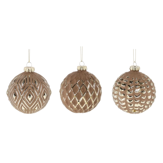 Üveg karácsonyi gömbök 8 cm, barna arany ornamentikával, 12 darabos készlet