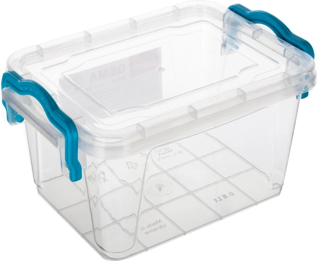 Gema tárolódoboz 0,8 l fedéllel és klipszekkel, átlátszó/türkiz