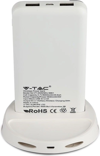 V-TAC 8000 mAh-s powerbank Qi vezeték nélküli töltéssel és állvánnyal