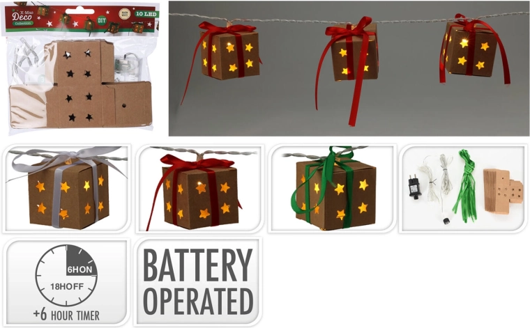 Karácsonyi LED ajándékdobozok fényfüzér, 1,2 m időzítővel, meleg fehér