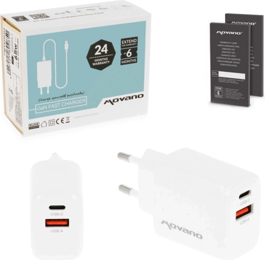 Movano GaN hálózati töltő 30 W USB-C PD + USB-A fehér - 1 db