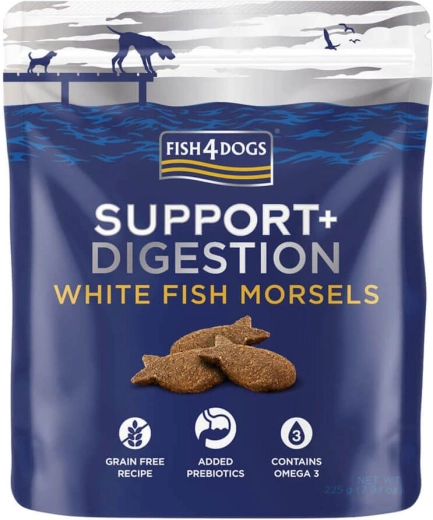 Fish4Dogs jutalomfalatok kutyáknak Support+ emésztéstámogatás fehér hallal és prebiotikumokkal 225 g