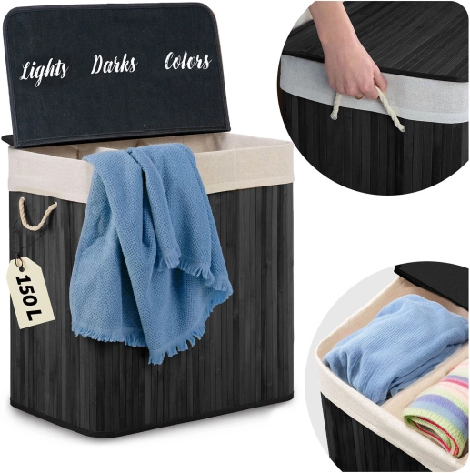 Bambusz szennyeskosár fedéllel, 150 l, 3 rekesszel