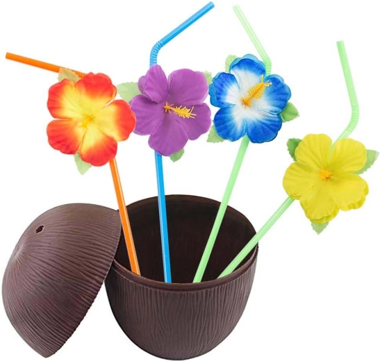 Kókusz alakú pohár virágos szívószállal