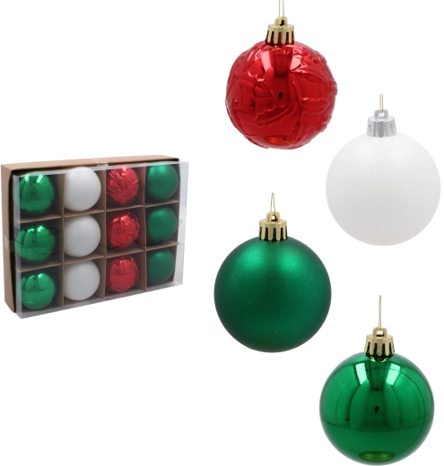 6 cm-es karácsonyi gömbszett – piros, zöld és fehér, törhetetlen, 12 db