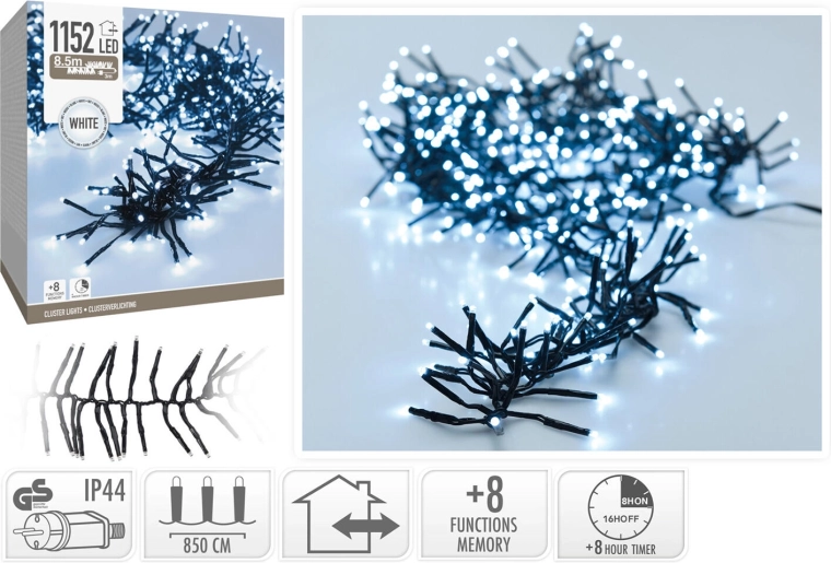 Karácsonyi LED fényfüzér 8,5 m, hideg fehér, 1152 LED, 8 funkció időzítővel