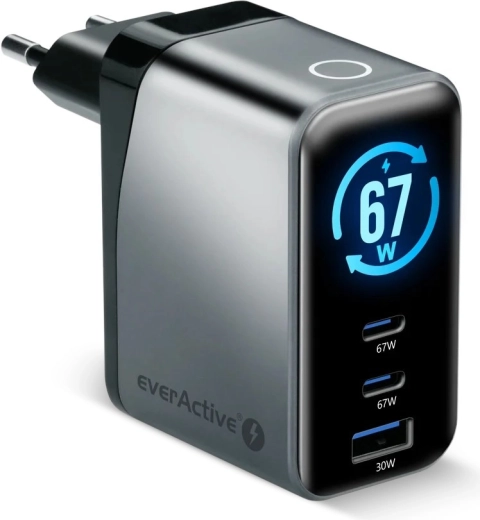EverActive GaN töltő 67 W LCD-vel (2× USB-C + USB-A)